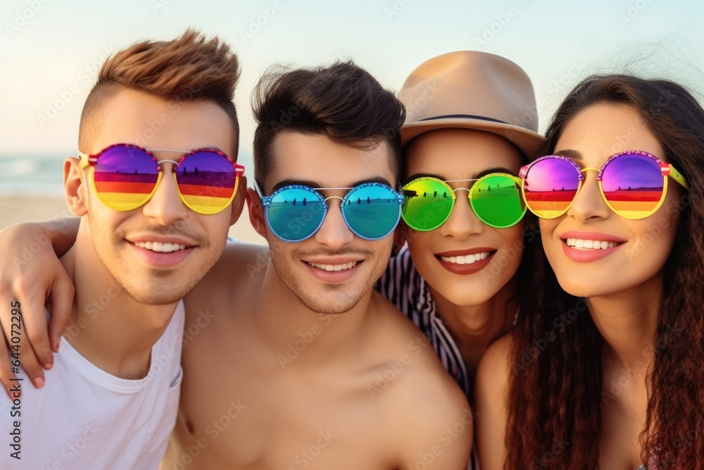 shot of a group of friends wearing rainbow glasses during a vacation on the beach shot of a group of friends wearing rainbow glasses during a vacation on the beach