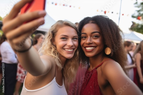 shot of two friends taking a selfie at an event