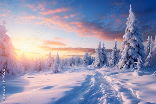 Winter season background with forest in the snow.