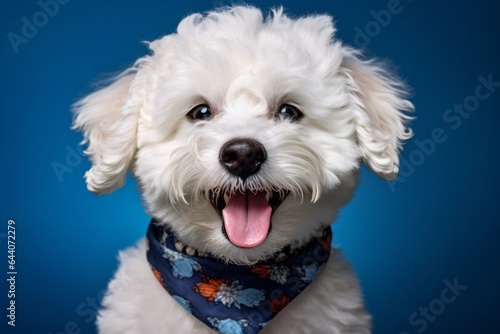 Close-up portrait photography of a smiling bichon frise wearing a bandana against a royal blue background. With generative AI technology