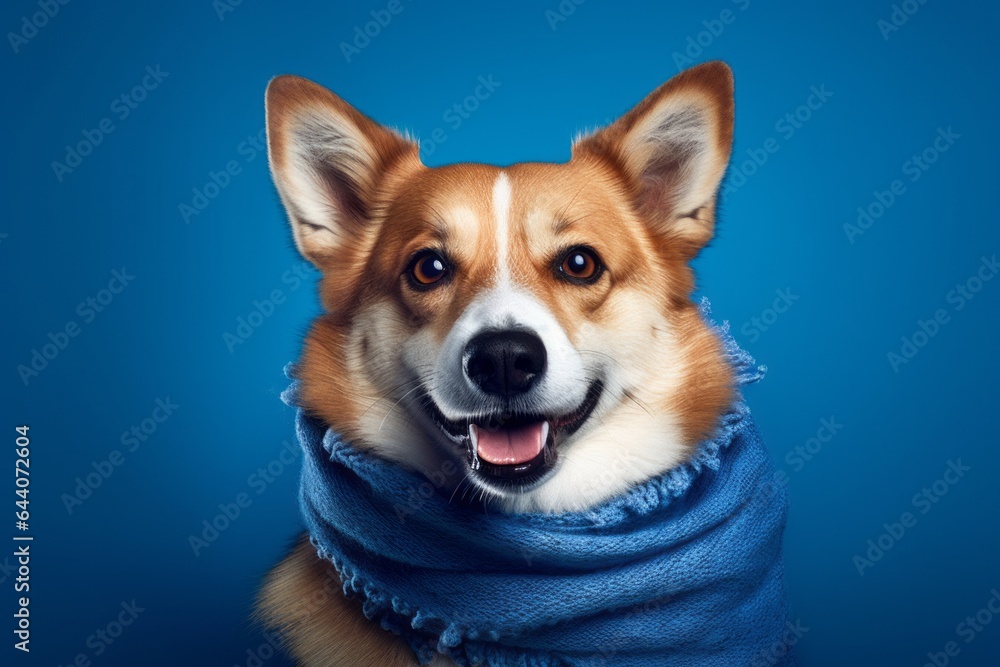 Medium shot portrait photography of a happy norwegian lundehund wearing a warm scarf against a royal blue background. With generative AI technology