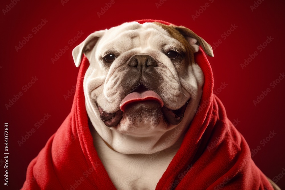 Headshot portrait photography of a smiling bulldog wearing a plush robe against a red background. With generative AI technology