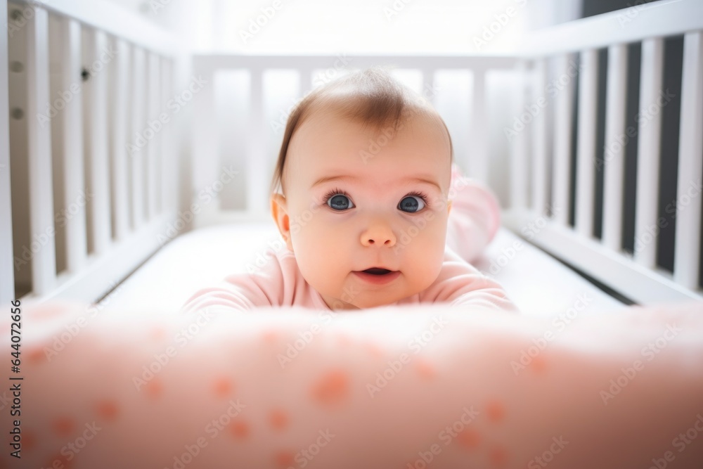 shot of a cute baby girl lying in her cot shot of a cute baby girl lying in her cot