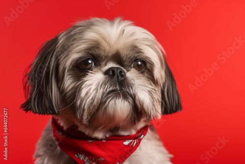 Close-up portrait photography of a funny shih tzu wearing a bandana against a red background. With generative AI technology