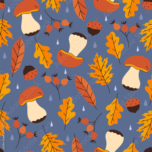 Autumn seamless pattern with mushrooms, acorns, leaves and berries. Vector graphics.