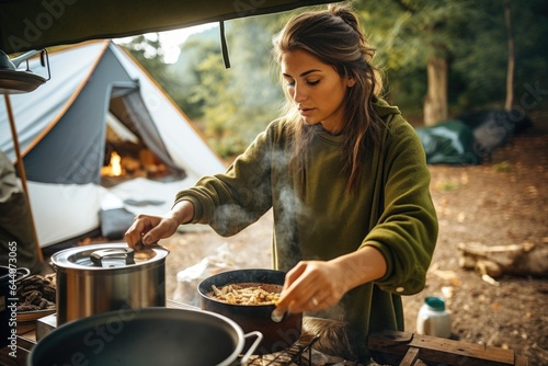 shot of an attractive young woman making a homecooked meal during a camping trip