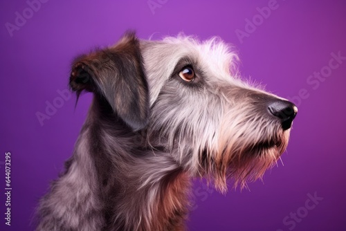 Medium shot portrait photography of a cute irish wolfhound dog wearing a jumper against a vibrant purple background. With generative AI technology