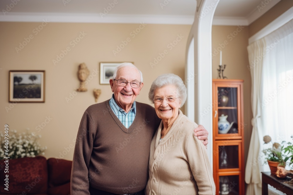 a happy senior couple standing in their living room a happy senior couple standing in their living room