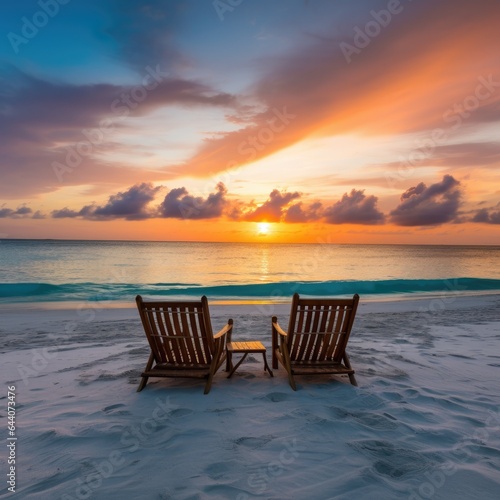 Two empty beach chairs on white beach on the Maldives at sunset. Generative AI © piai