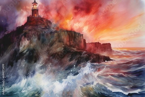 Vibrant watercolor depiction of a blazing volcano beside the ocean, with a lighthouse, crimson hues, and crashing sea waves. Generative AI