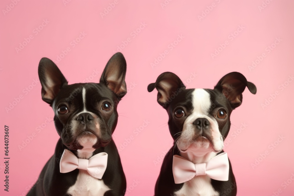 Close-up portrait photography of a cute boston terrier wearing a cute bow tie against a pastel pink background. With generative AI technology