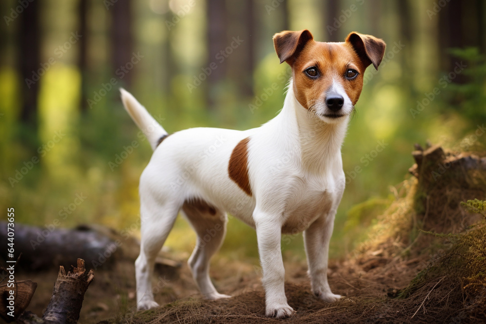 Dog taking a walk in the forest