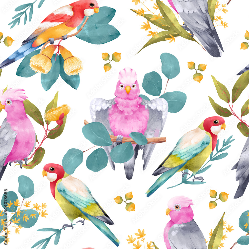 Cockatoo Parrot seamless pattern with eucalyptus leaves and flowers on white background. Australian tropical animal and plant hand drawn illustration for fabric, wrapping, wallpaper, textile, apparel