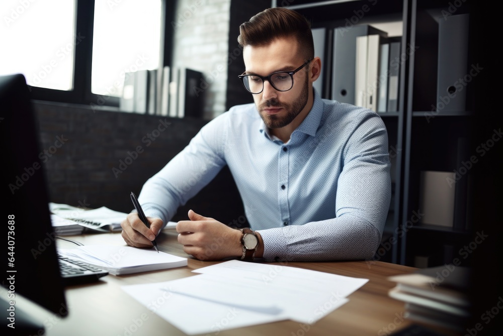 shot of a handsome young man doing paperwork in his office shot of a handsome young man doing paperwork in his office