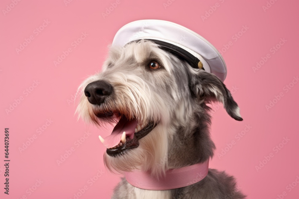 Medium shot portrait photography of a smiling irish wolfhound dog wearing a sailor suit against a pastel pink background. With generative AI technology