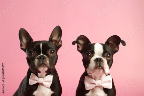 Close-up portrait photography of a cute boston terrier wearing a cute bow tie against a pastel pink background. With generative AI technology © Markus Schröder