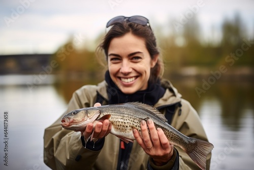 shot of a smiling woman holding up fish on the banks of lake © Natalia
