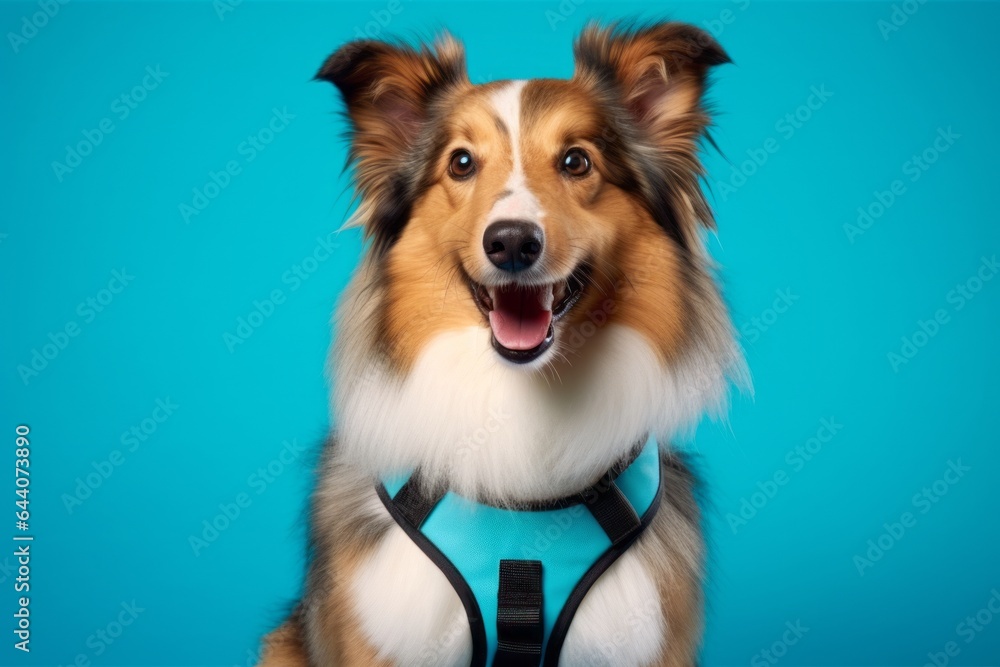 Medium shot portrait photography of a happy shetland sheepdog wearing a harness against a turquoise blue background. With generative AI technology