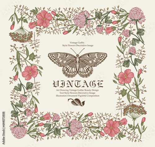 Wedding invitation. Beautiful blooming flowers. Vintage card. Frame. Drawing engraving isolated Clover Flax butterfly wildflowers floral. Wallpaper baroque. Vector victorian Illustration