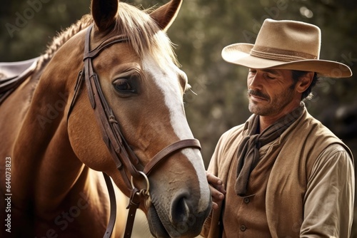 cropped shot of a man in a western outfit holding his horse