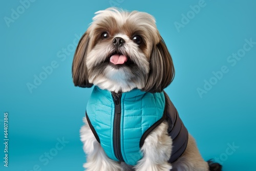 Photography in the style of pensive portraiture of a smiling shih tzu wearing a cooling vest against a turquoise blue background. With generative AI technology