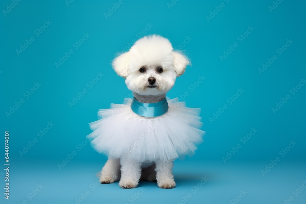 Photography in the style of pensive portraiture of a cute bichon frise wearing a tutu skirt against a turquoise blue background. With generative AI technology