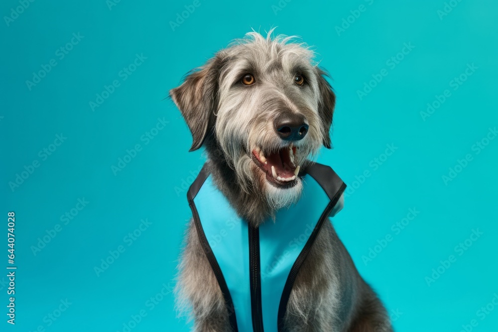 Medium shot portrait photography of a smiling irish wolfhound dog wearing a reflective vest against a turquoise blue background. With generative AI technology Medium shot portrait photography of a smiling irish wolfhound dog wearing a reflective vest against a turquoise blue background. With generative AI technology