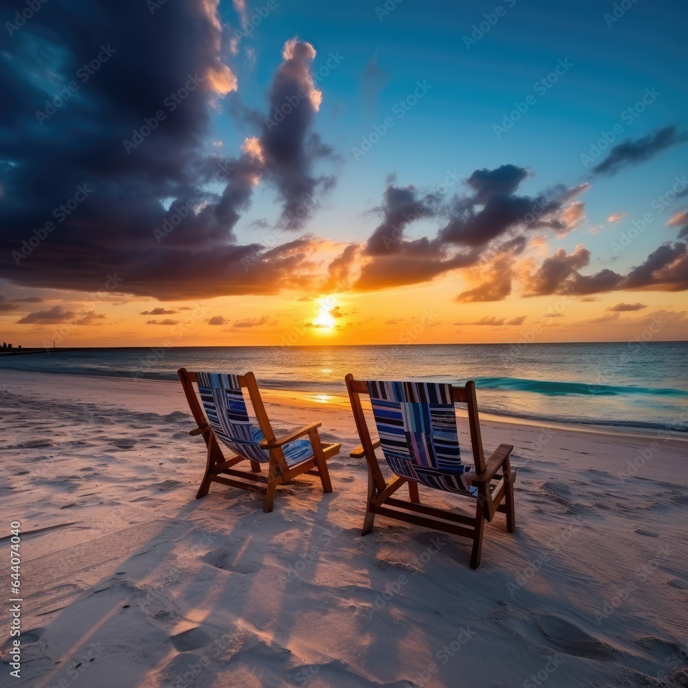Two empty beach chairs on white beach on the Maldives at sunset. Generative AI Two empty beach chairs on white beach on the Maldives at sunset. Generative AI