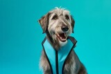 Medium shot portrait photography of a smiling irish wolfhound dog wearing a reflective vest against a turquoise blue background. With generative AI technology