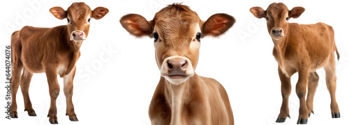 Collection of three brown calfs (standing, portrait), cow bundle isolated on a white background as transparent PNG photo