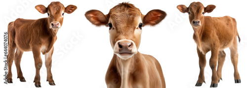 Collection of three brown calfs (standing, portrait), cow bundle isolated on a white background as transparent PNG