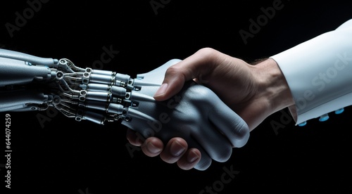business handshake on the blurred background, business handshake on the background of the people, handshake of people and bionic robot