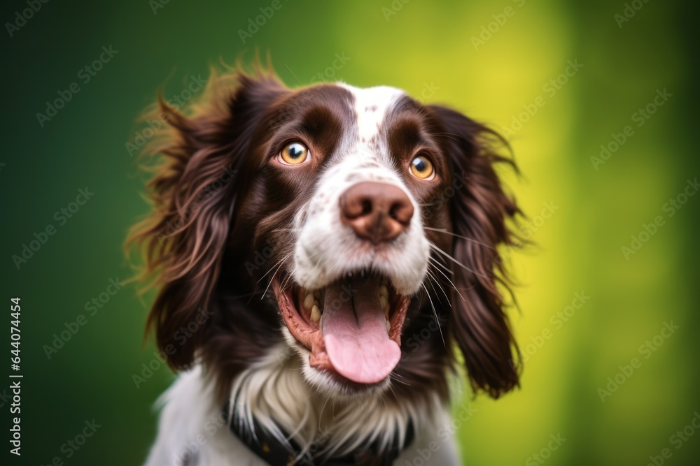 Close-up portrait photography of a smiling english springer spaniel wearing a sherpa coat against a green background. With generative AI technology