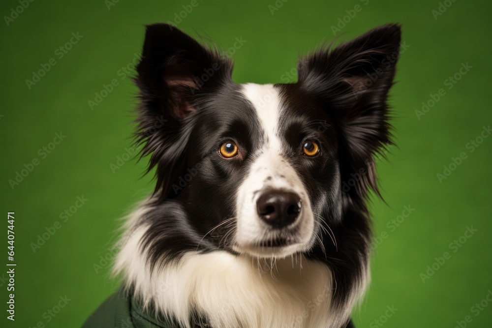 Medium shot portrait photography of a cute border collie wearing a sports jersey against a green background. With generative AI technology