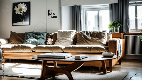 A harmonious blend of AI-generated design and morning light creates an atmosphere of serenity in this empty living room. Perfect for conveying a positive mood.