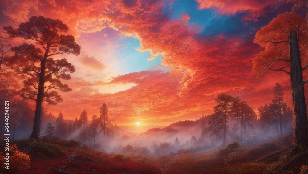A sunset in the forest with red sky