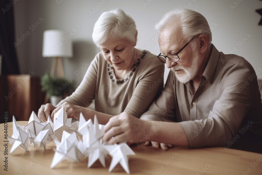 a senior couple working on a papercraft project together a senior couple working on a papercraft project together