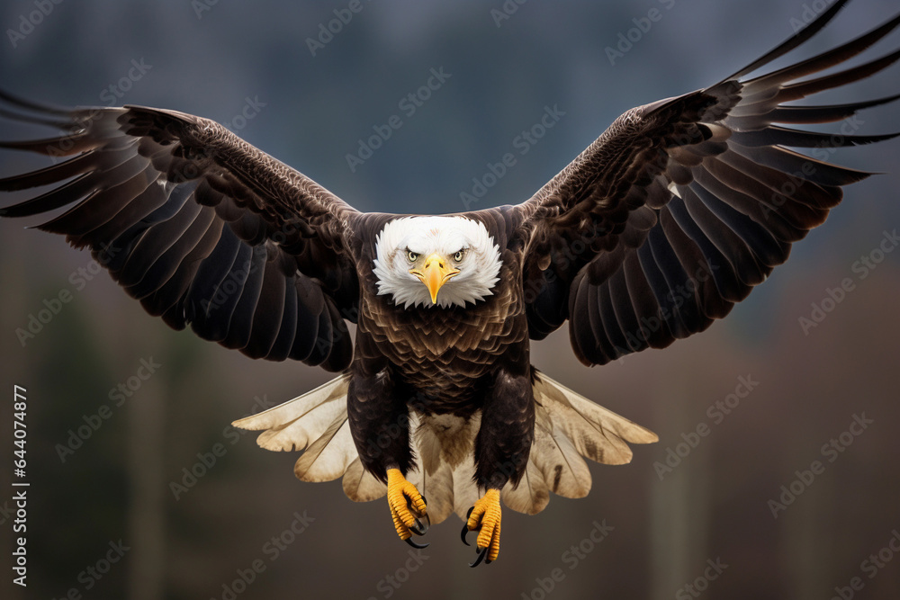Fototapeta premium Bald eagle flying over the skies looking for a prey