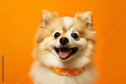 Medium shot portrait photography of a happy pomeranian wearing a bandage against a bright orange background. With generative AI technology