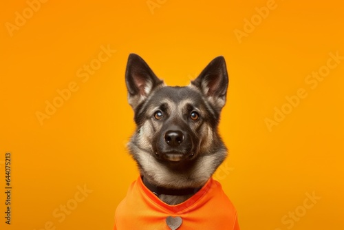 Conceptual portrait photography of a cute norwegian elkhound wearing a sports jersey against a bright orange background. With generative AI technology photo