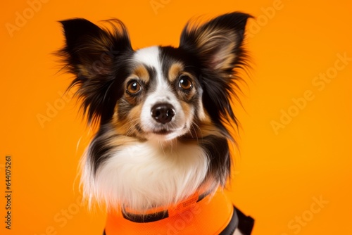 Medium shot portrait photography of a cute papillon dog wearing a training vest against a bright orange background. With generative AI technology