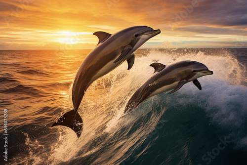 Dolphins jumping above the water in the ocean at dawn