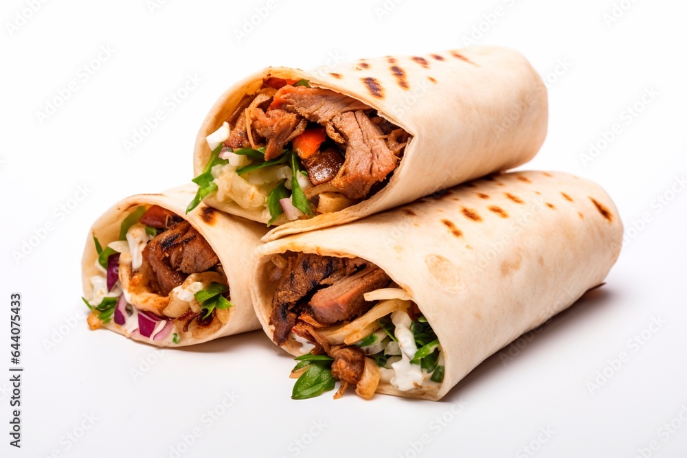 Tasty kebab roll on white background. Generated AI Tasty kebab roll on white background. Generated AI