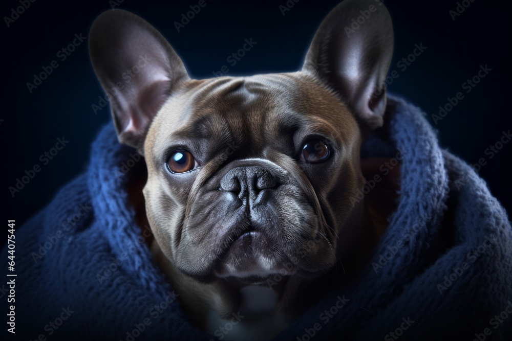 Close-up portrait photography of a tired french bulldog wearing a thermal blanket against a deep indigo background. With generative AI technology
