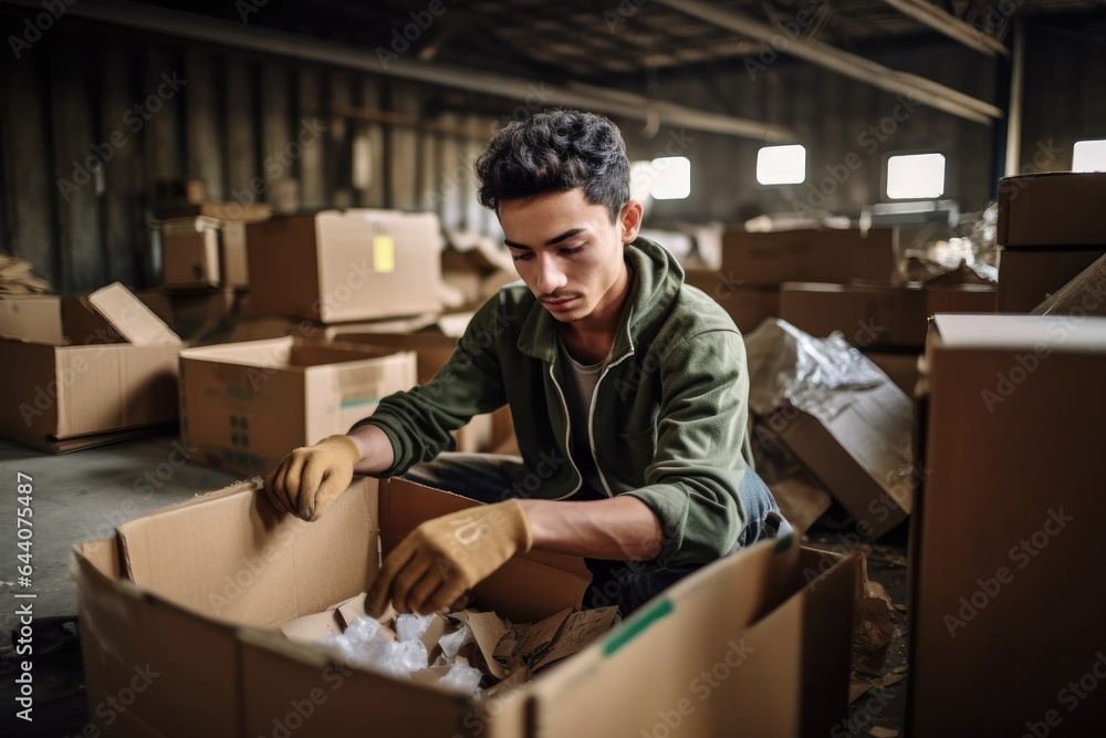 shot of a young man sorting empty cardboard boxes at a recycling plant shot of a young man sorting empty cardboard boxes at a recycling plant