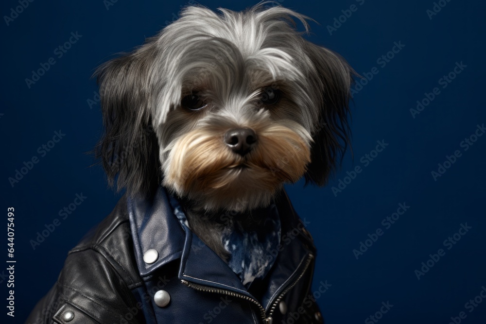 Medium shot portrait photography of a funny havanese dog wearing a leather jacket against a deep indigo background. With generative AI technology
