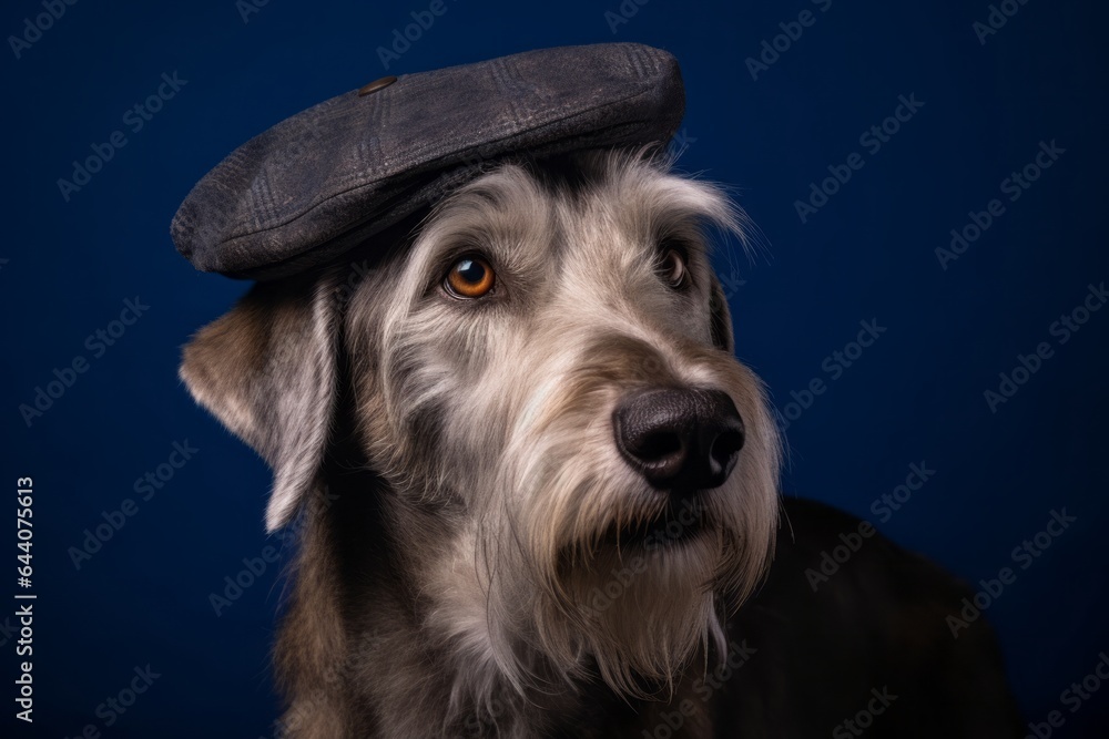 Medium shot portrait photography of a happy irish wolfhound dog wearing a cool cap against a deep indigo background. With generative AI technology