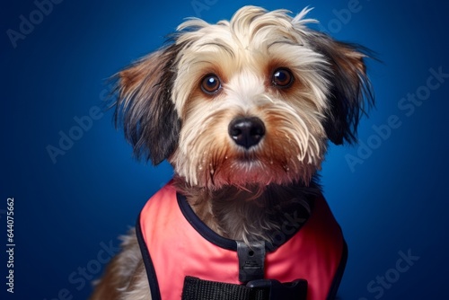 Headshot portrait photography of a cute lowchen dog wearing a swimming vest against a deep indigo background. With generative AI technology