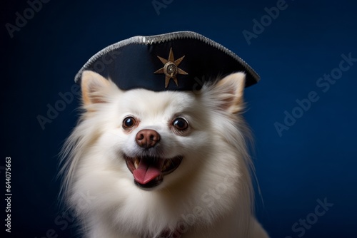 Lifestyle portrait photography of a cute american eskimo dog wearing a pirate hat against a deep indigo background. With generative AI technology