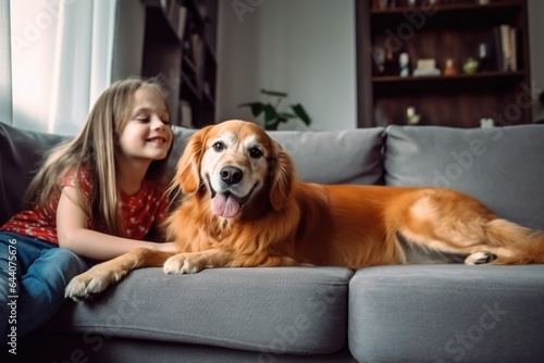 shot of a cheerful young girl with her dog on the couch at home